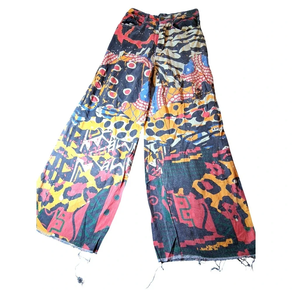Vintage Graffiti Pop Art Print Wide Leg Jeans Multi Color High Rise Raw Hem M - Picture 1 of 8